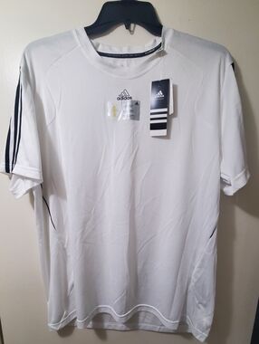 Adidas Climalite White Short Sleeve Athletic Tee with Black Stripes